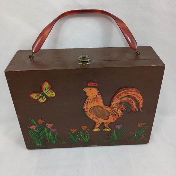 Vintage Handbags - OOAK Vintage 70s Wooden Rooster and Butterfly Purse Enid Collins Style Hippie
